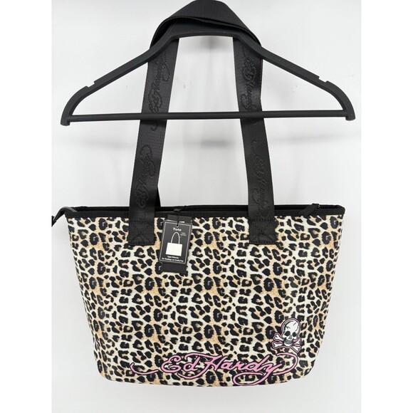 Ed Hardy Tote Bag Cheetah Print Skull Floral Cross Chain Accent Y2K - Picture 2 of 3